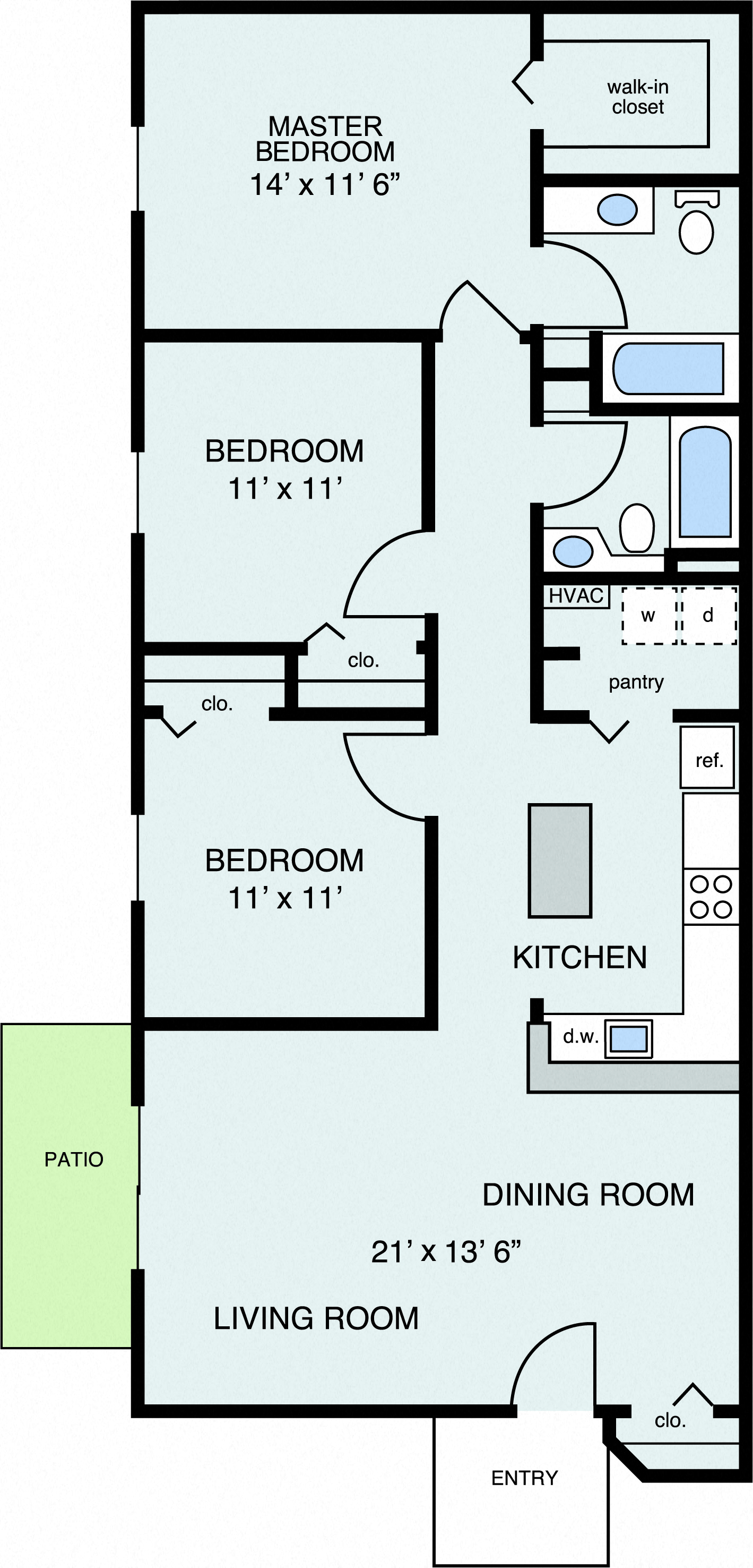 Floor plan for 3 beds, 2 baths, 1164 sqft